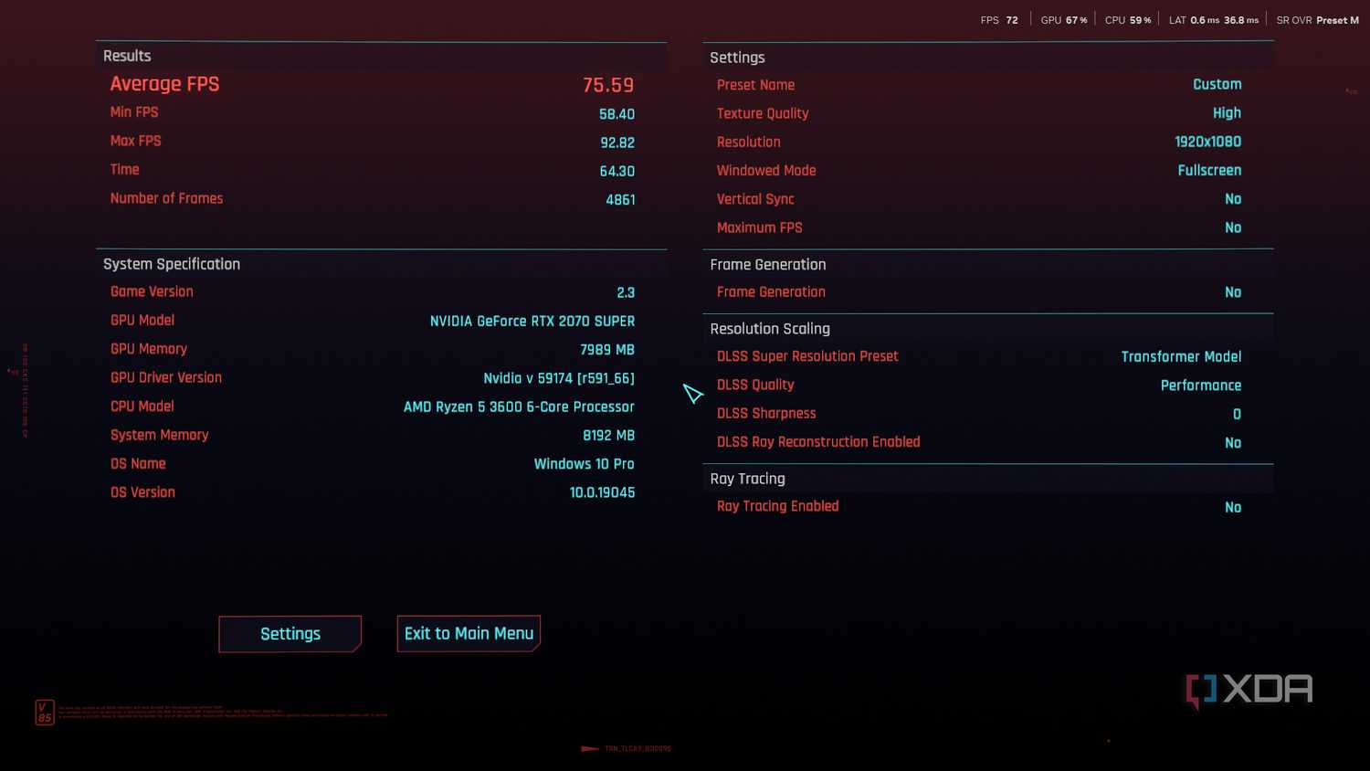 Cyberpunk 2077 running DLSS Preset M. Benchmark results displayed.