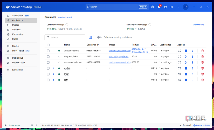 Menú del contenedor Docker