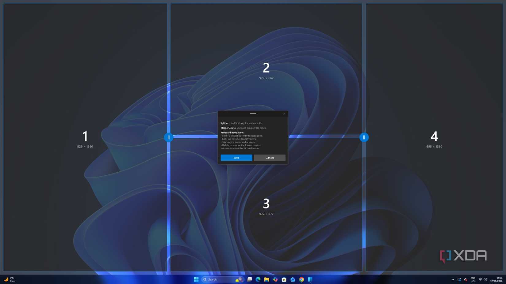 Una captura de pantalla de un usuario que ejecuta FancyZones en Microsoft Windows.