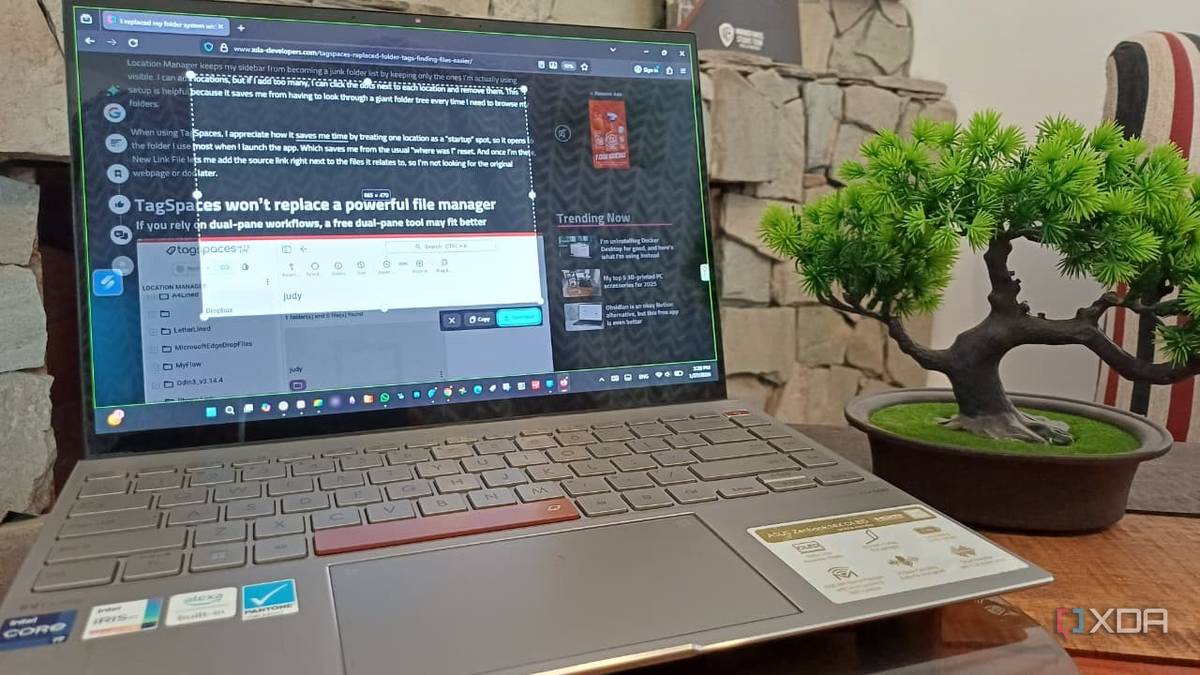 Firefox has a powerful screenshot tool built right in, it's better than Snipping Tool 1 Laptop on table with Firefox screenshot tool working and a bonsai to the side