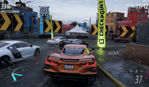 A still from Forza Horizon 5 with a Chevrolet Corvette executing a corner overtake.