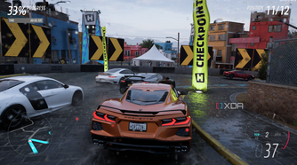 A still from Forza Horizon 5 with a Chevrolet Corvette executing a corner overtake.