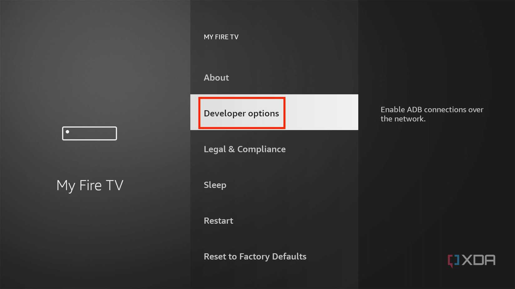 Schermata delle Opzioni sviluppatore di Fire TV