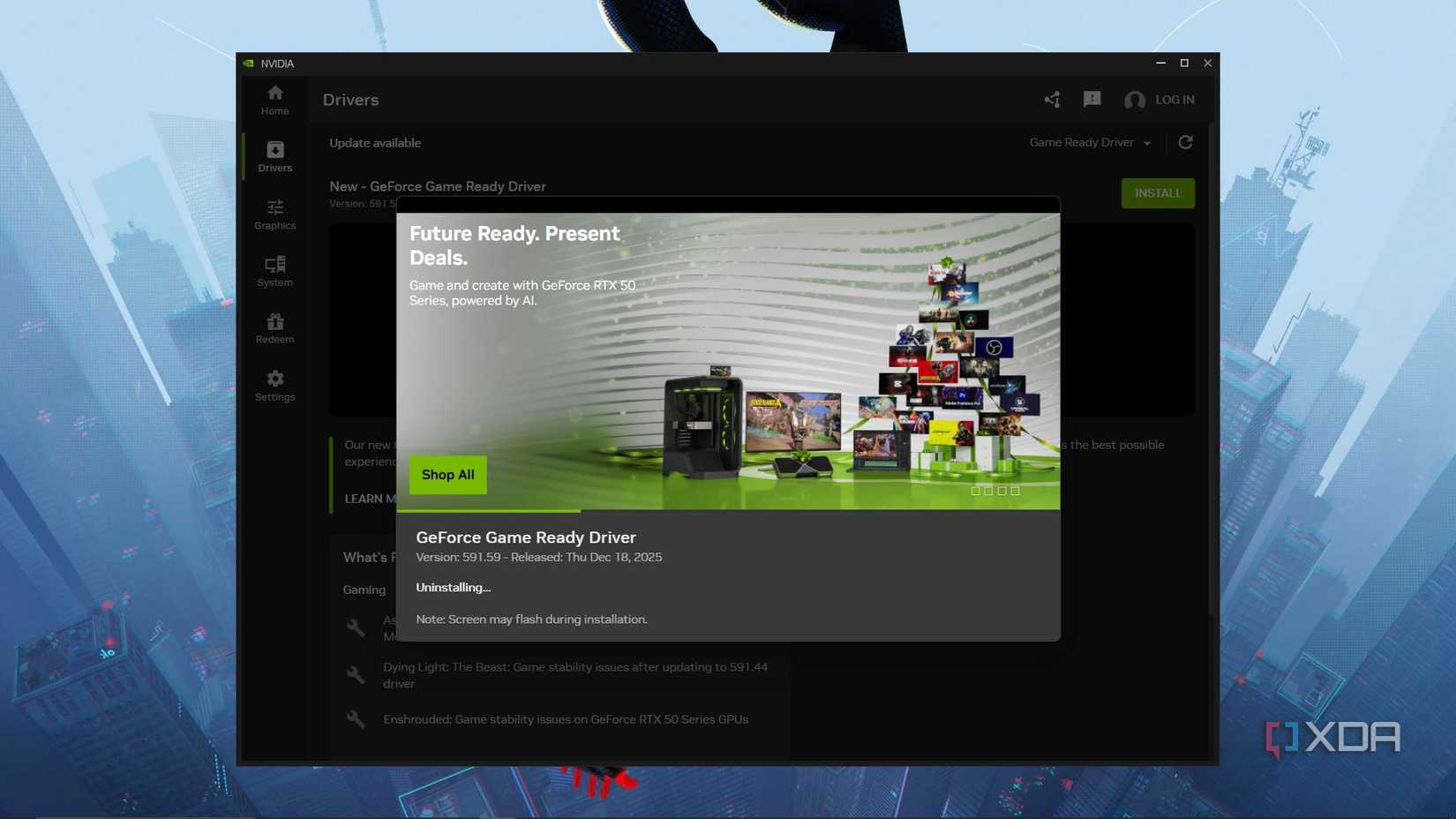 A screenshot from the NVIDIA app with a driver update in progress. 