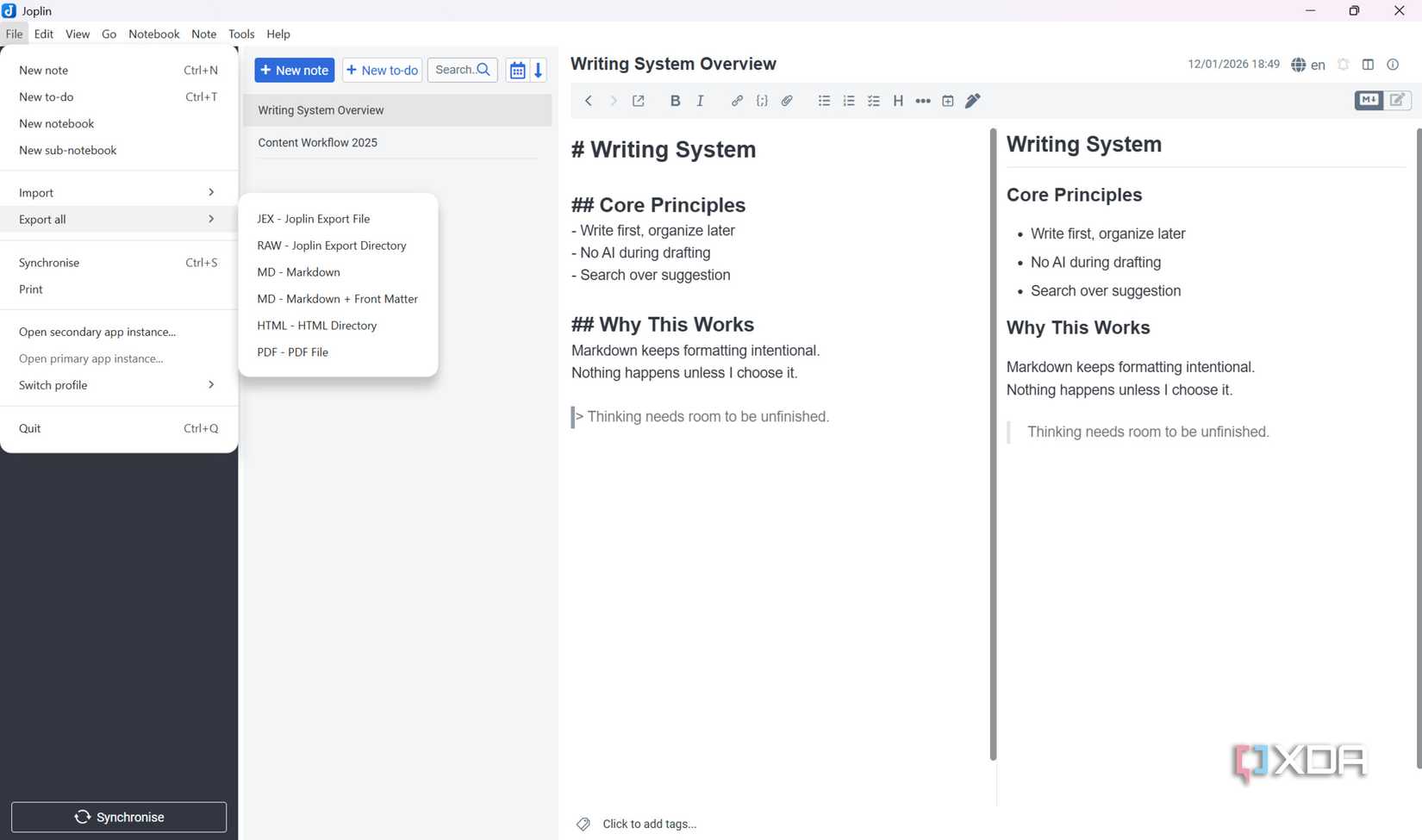 Captura de pantalla de las opciones de exportación de Joplin disponibles