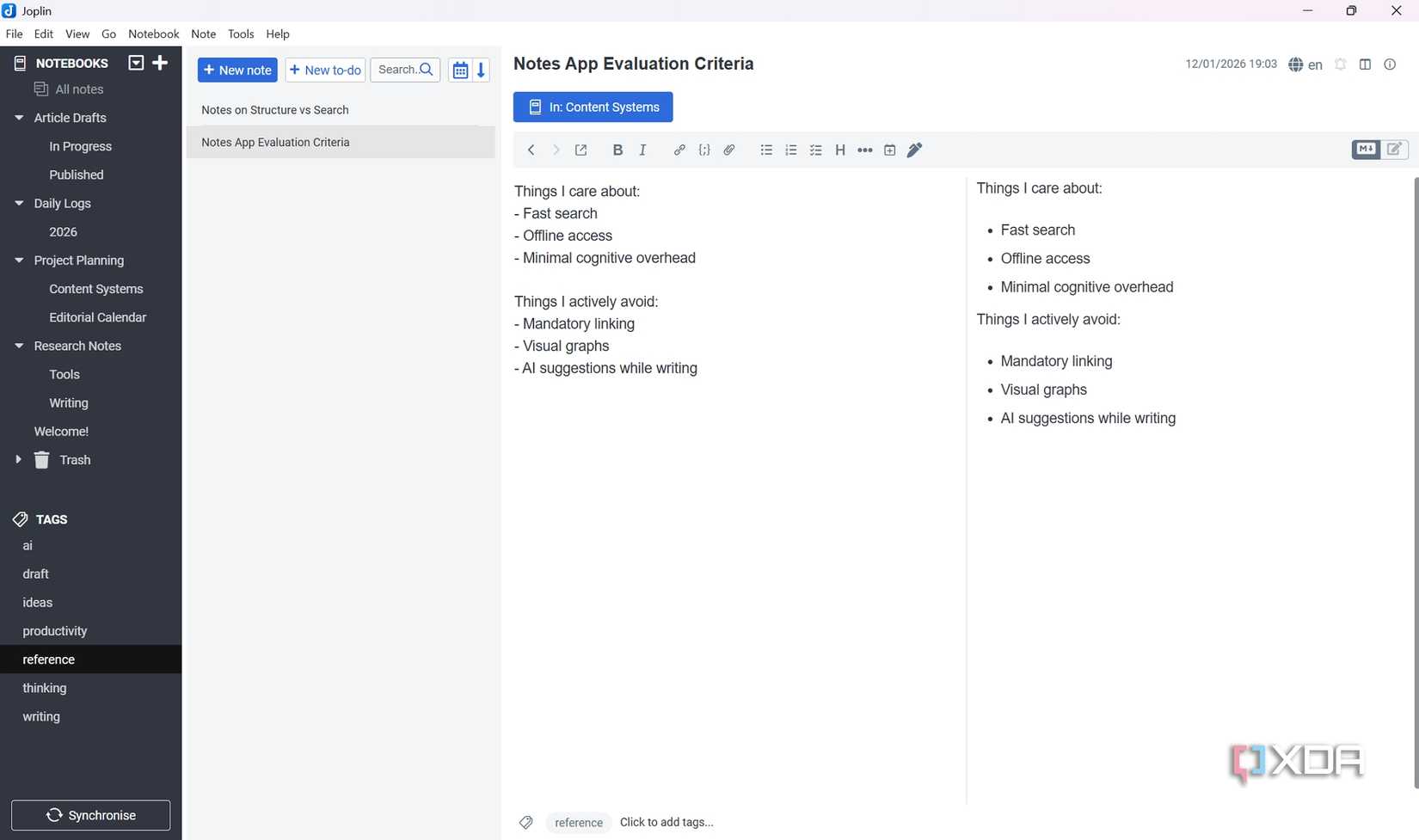Captura de pantalla de la búsqueda de etiquetas de Joplin 