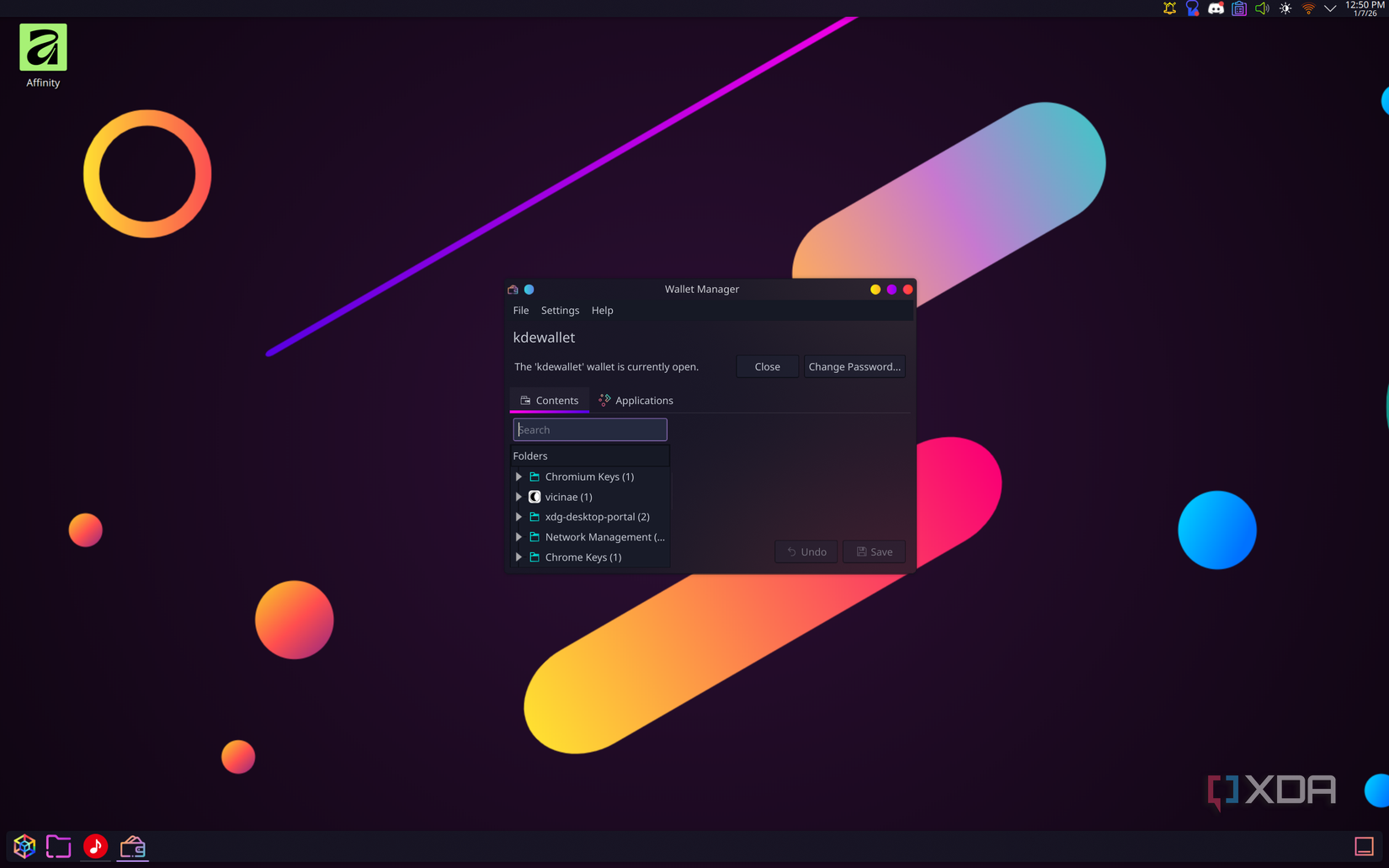 Screenshot of a KDE Plasma desktop showing the Kwallet manager app