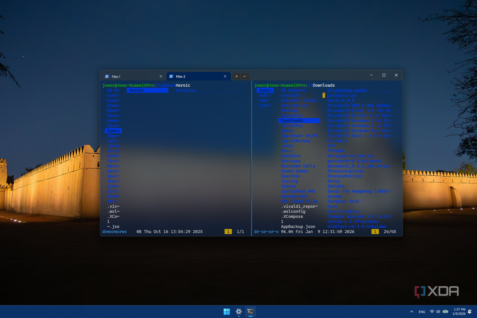 Captura de pantalla de Windows Terminal con dos paneles, ambos mostrando el administrador de archivos Lf