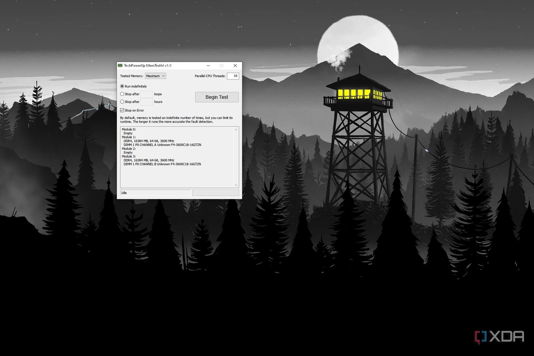 Screenshot of MemTest showing RAM testing settings