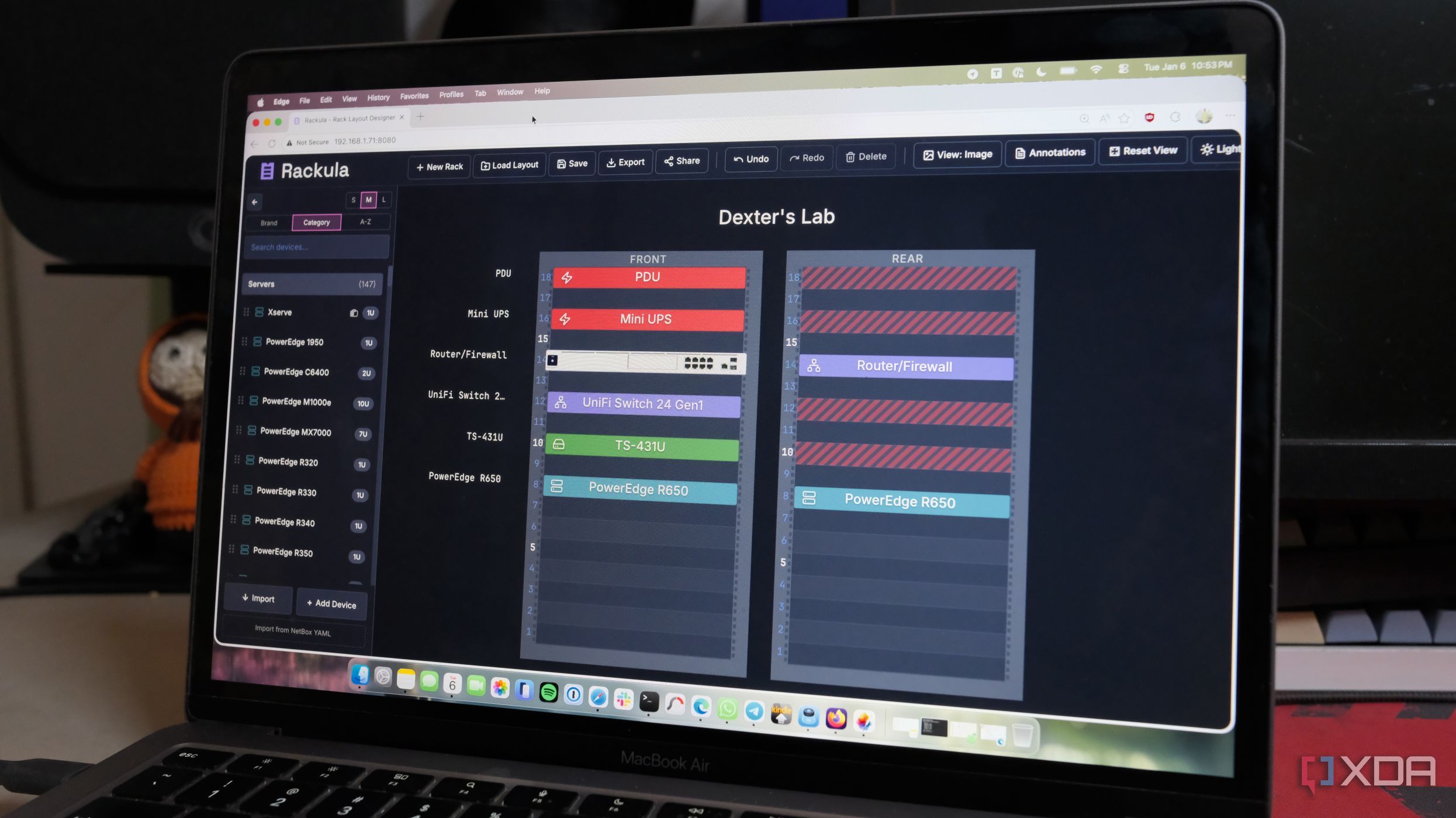 Photo of server rack visualizer tool Rackula running on a laptop