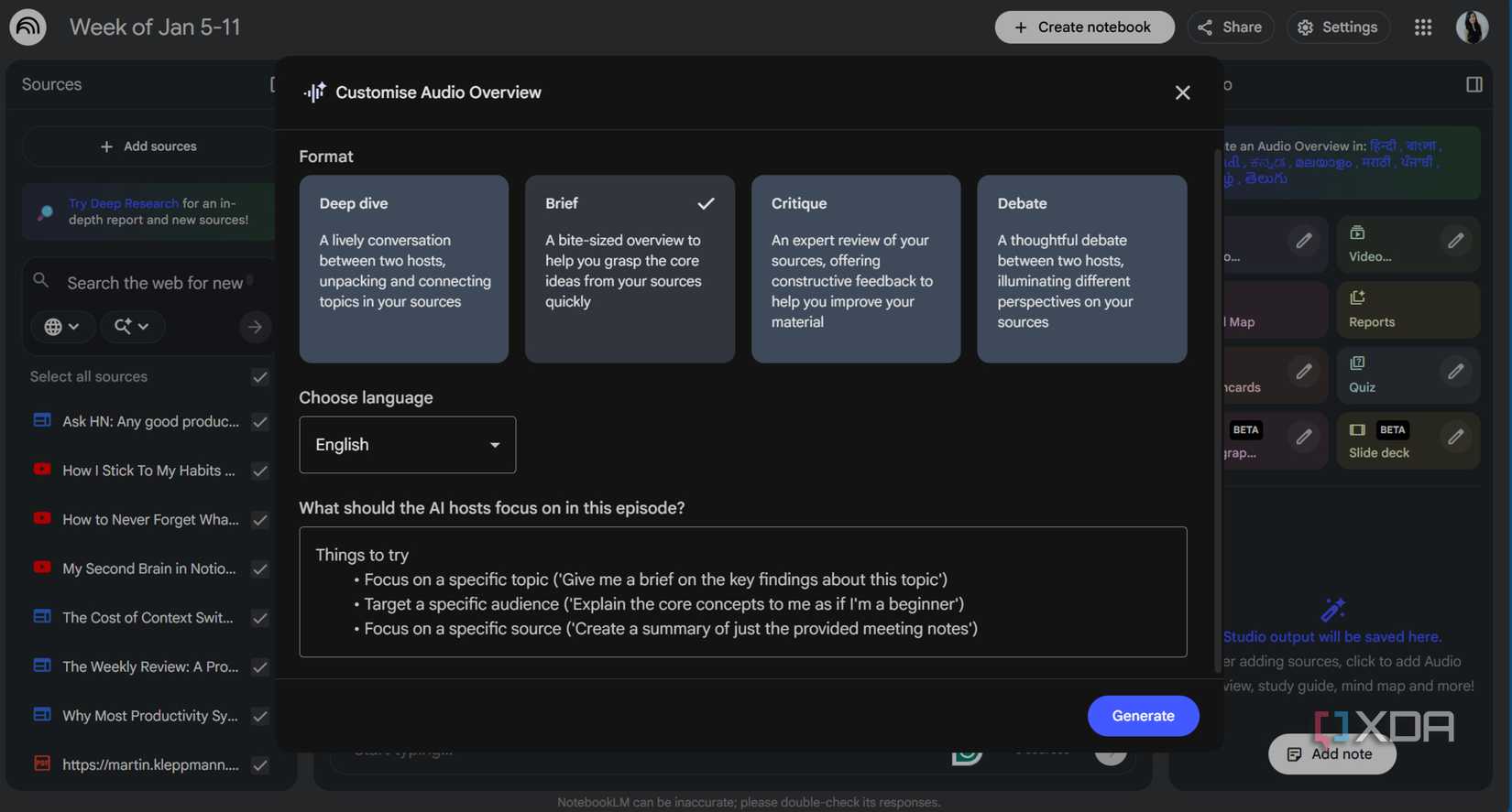 Captura de pantalla de la descripción general de audio de NotebookLM para su boletín