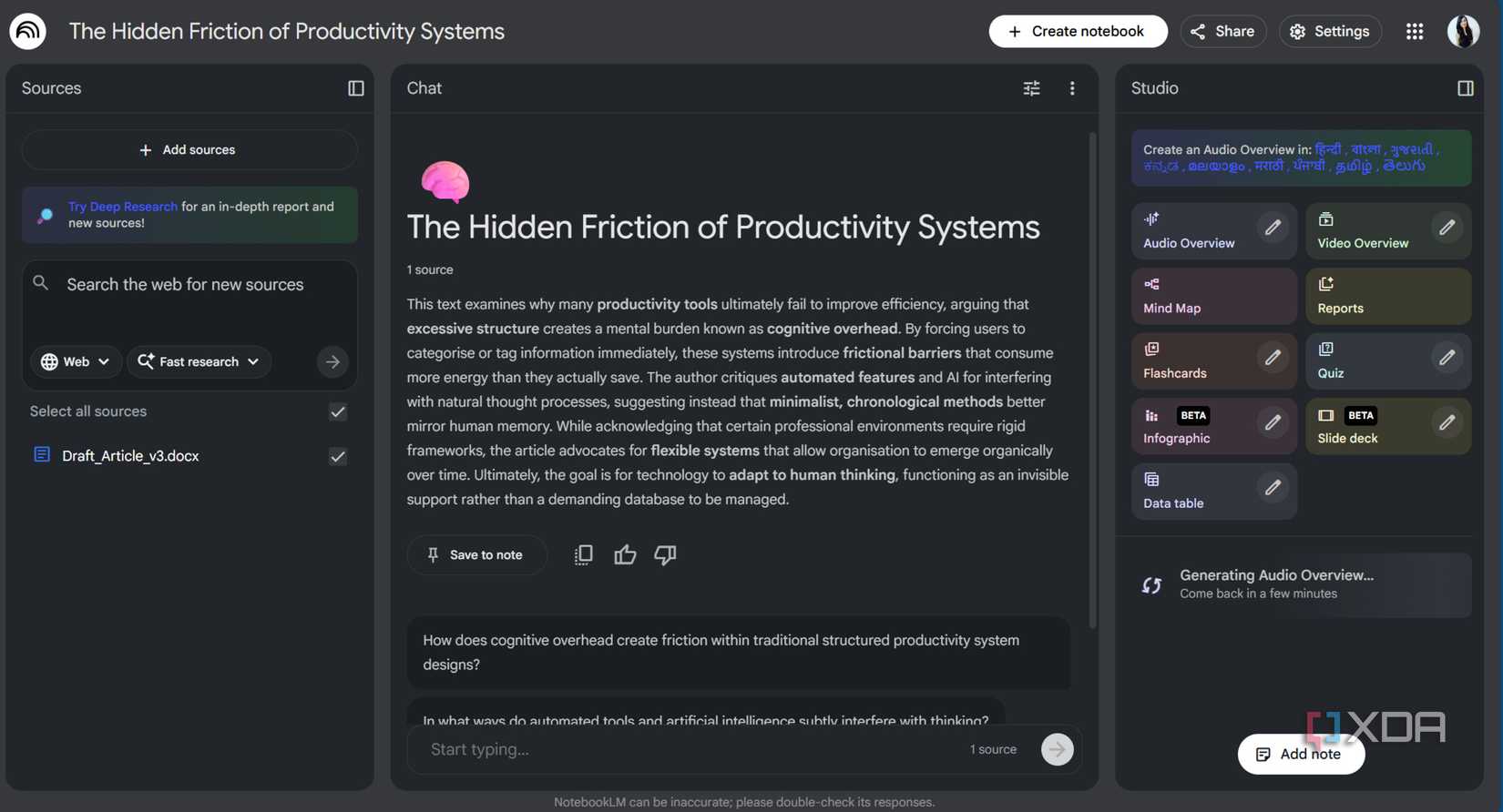 Captura de pantalla de NotebookLM auditando su proceso de pensamiento