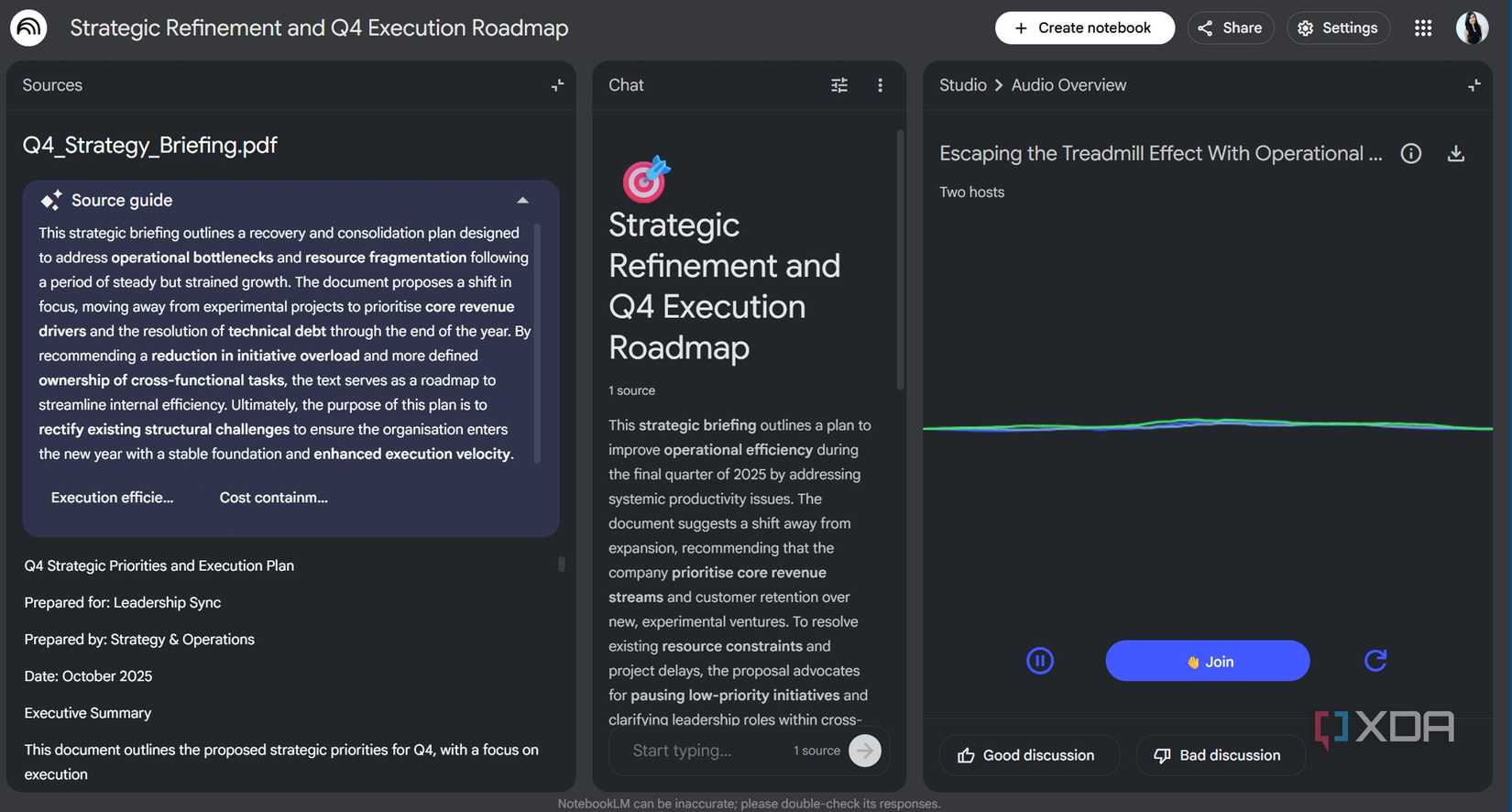 Captura de pantalla de NotebookLM evaluando notas de reuniones
