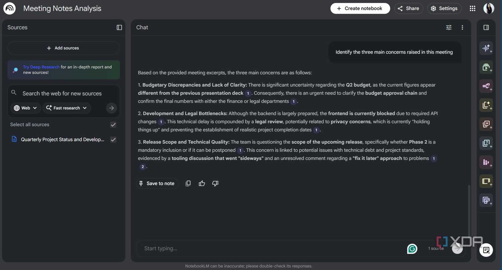 Screenshot of meeting notes set up on NotebookLM
