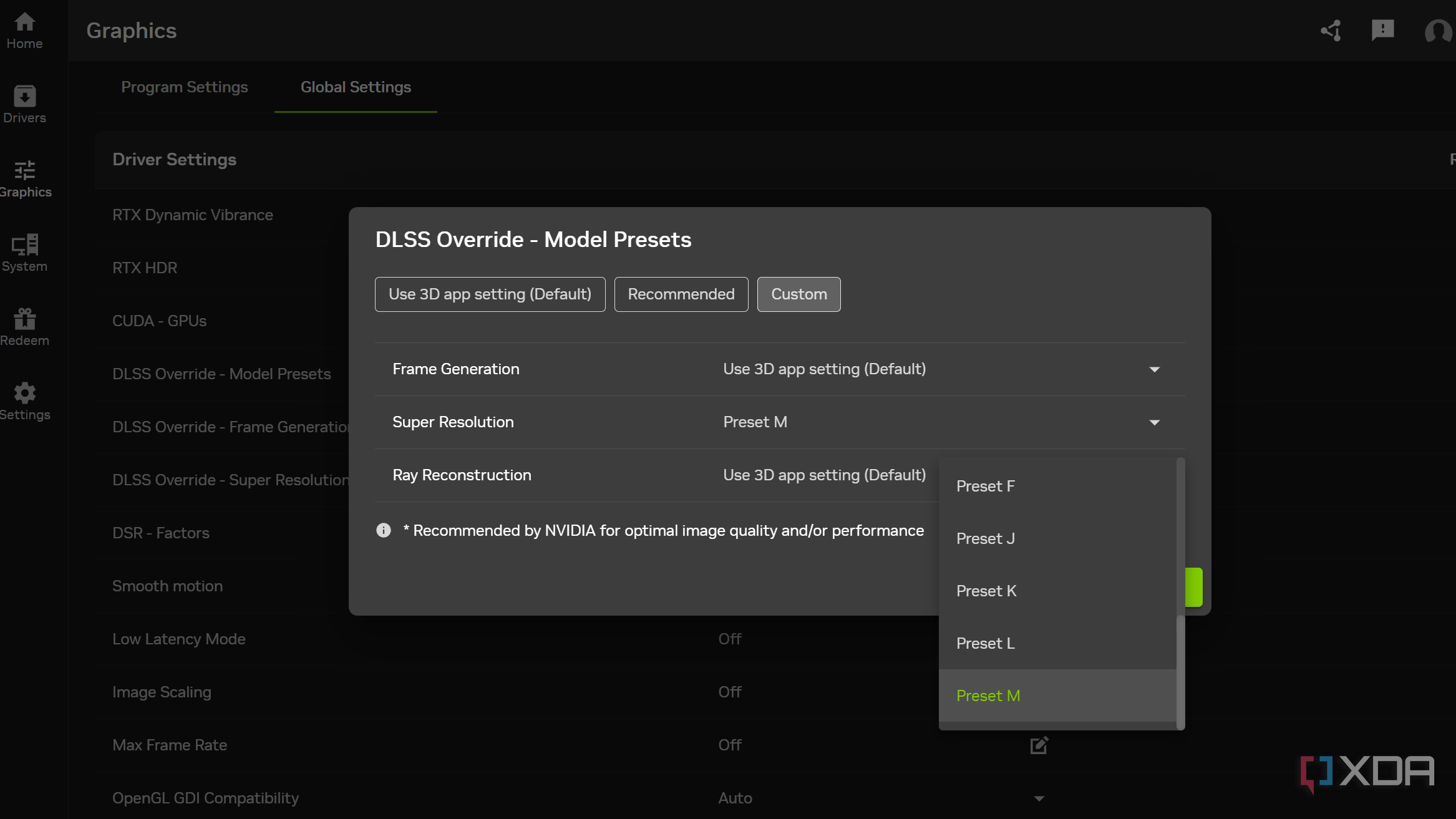 Nvidia App's global settings for DLSS.