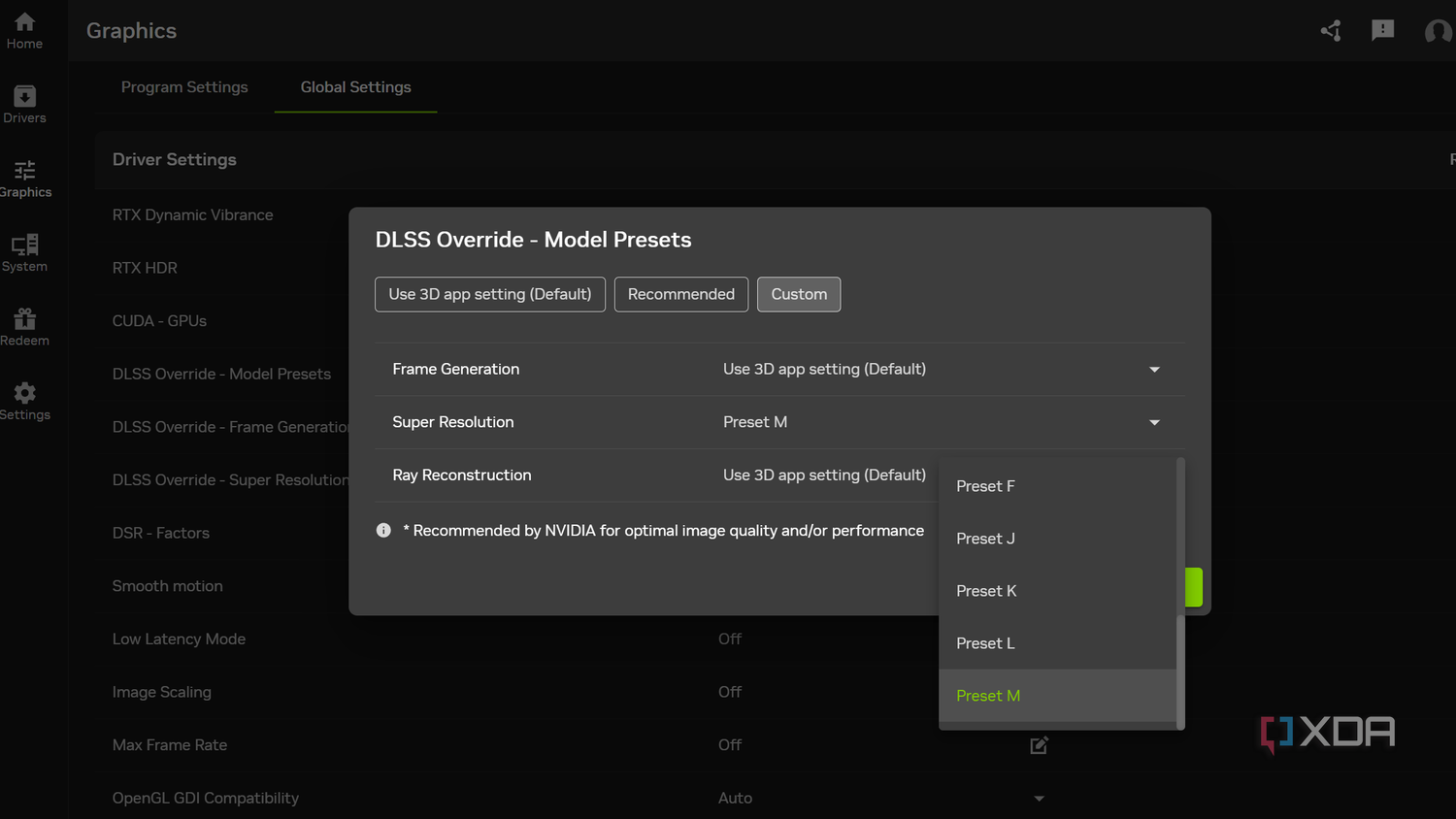Nvidia App's global settings for DLSS.