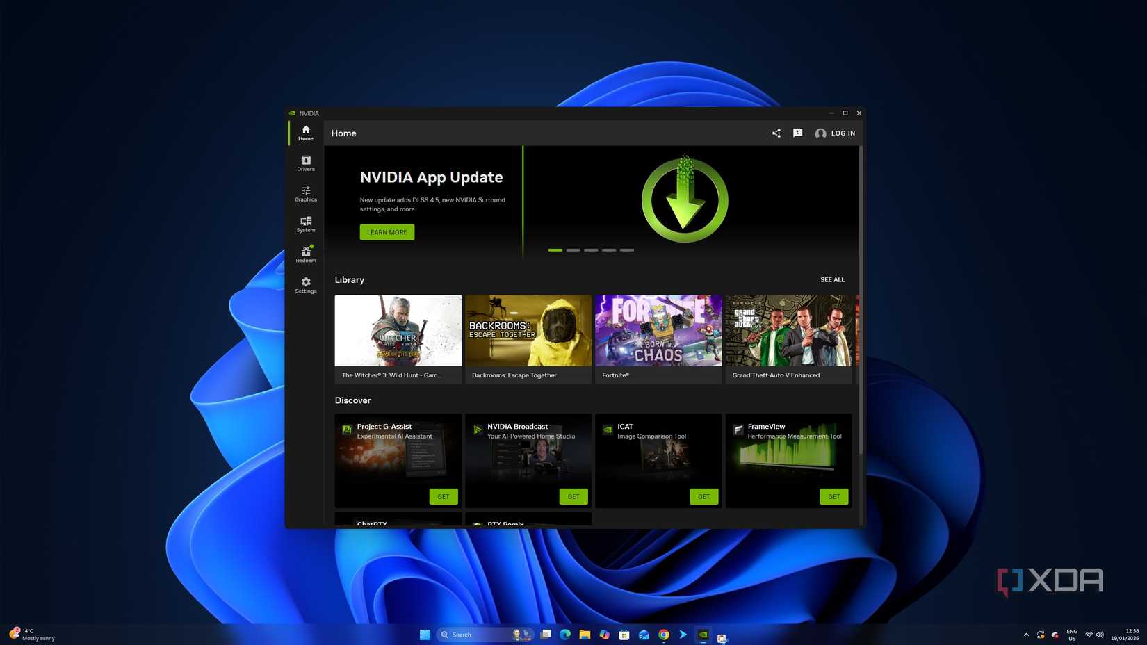 Interfaz de usuario principal de la aplicación Nvidia. 