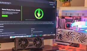 An NVIDIA RTX 2070 Super next to a gaming PC with the NVIDIA App in the background.