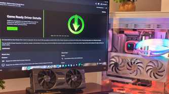 An NVIDIA RTX 2070 Super next to a gaming PC with the NVIDIA App in the background.
