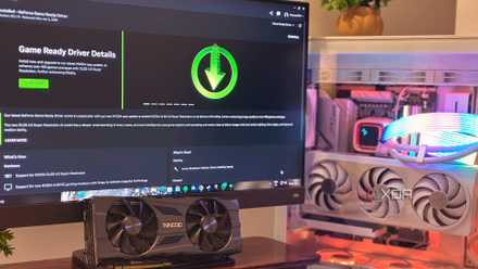 NVIDIA RTX 2070 Super next to a gaming PC with the NVIDIA App in the background.