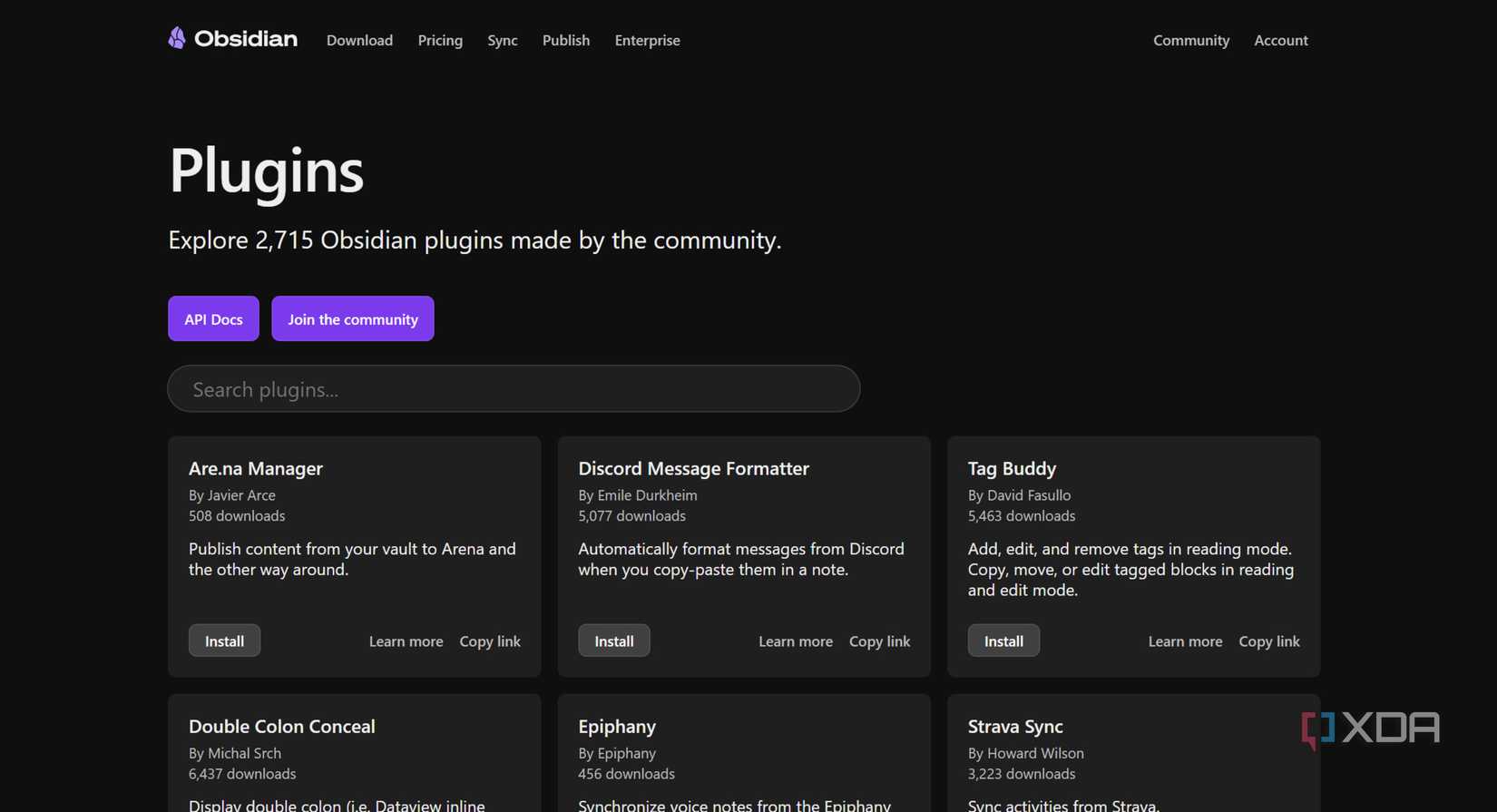 Captura de pantalla de la página del complemento Obsidian
