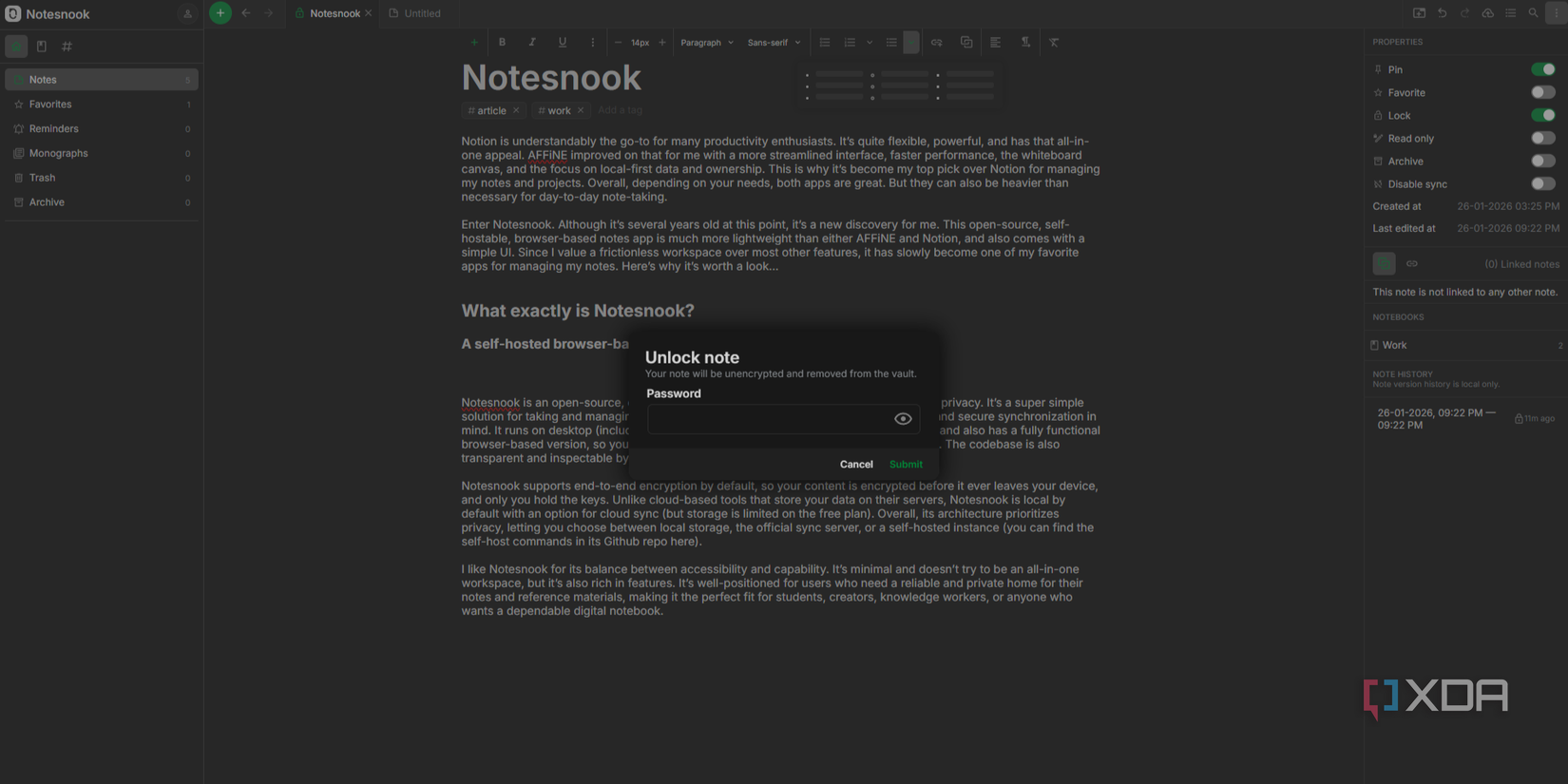Nota protegida con contraseña en Notesnook