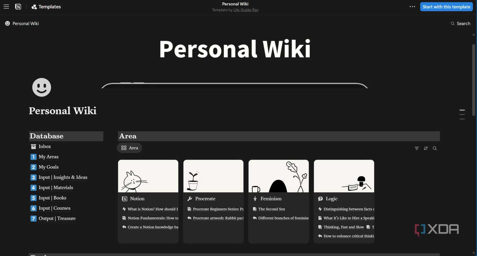 Captura de pantalla de la plantilla de wiki personal en Notion