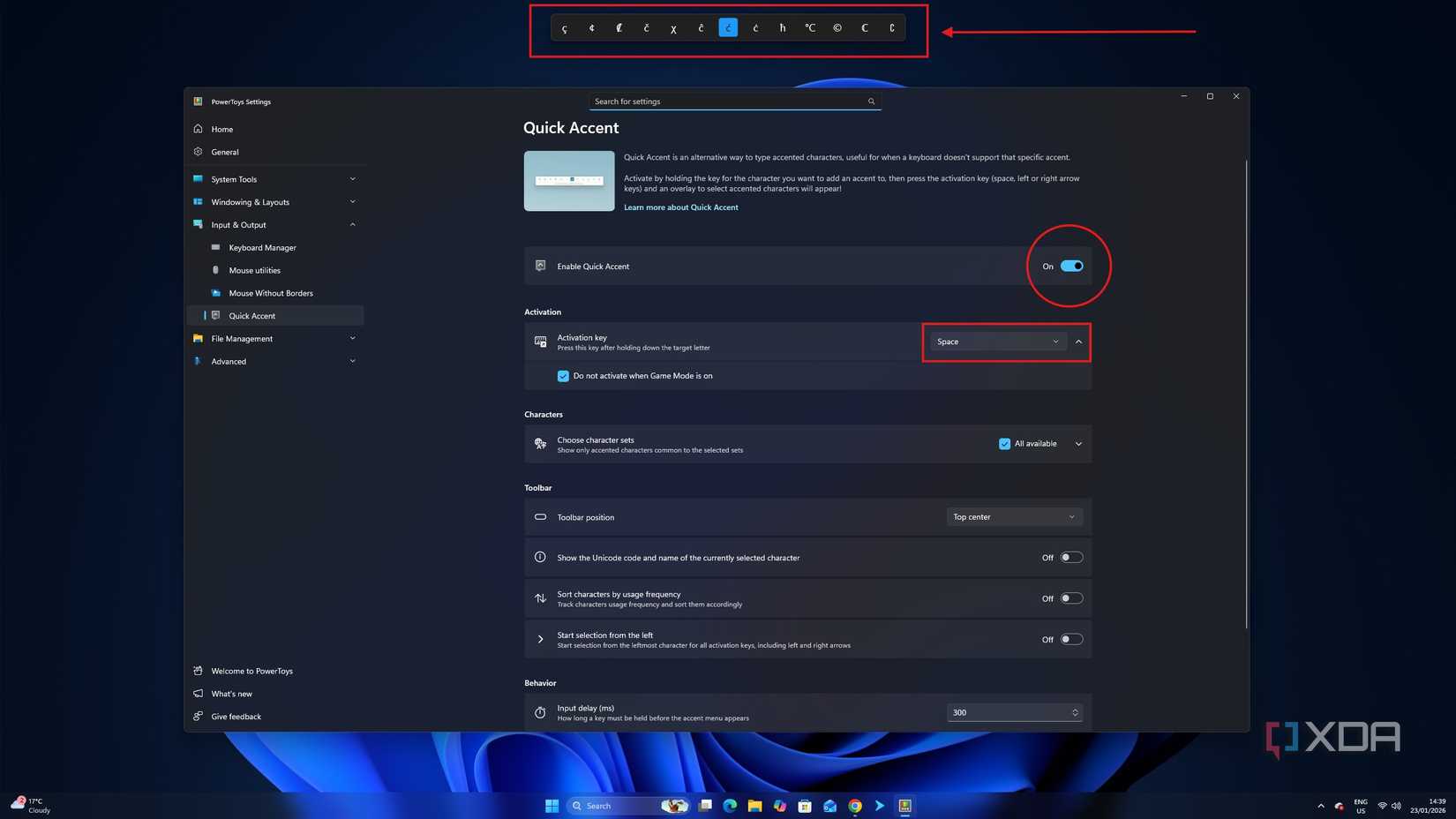 Una captura de pantalla que muestra cómo habilitar la función Quick Accent de PowerToys.