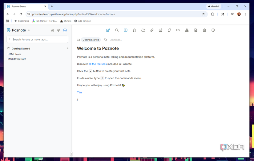 Poznote ejecutándose en el navegador