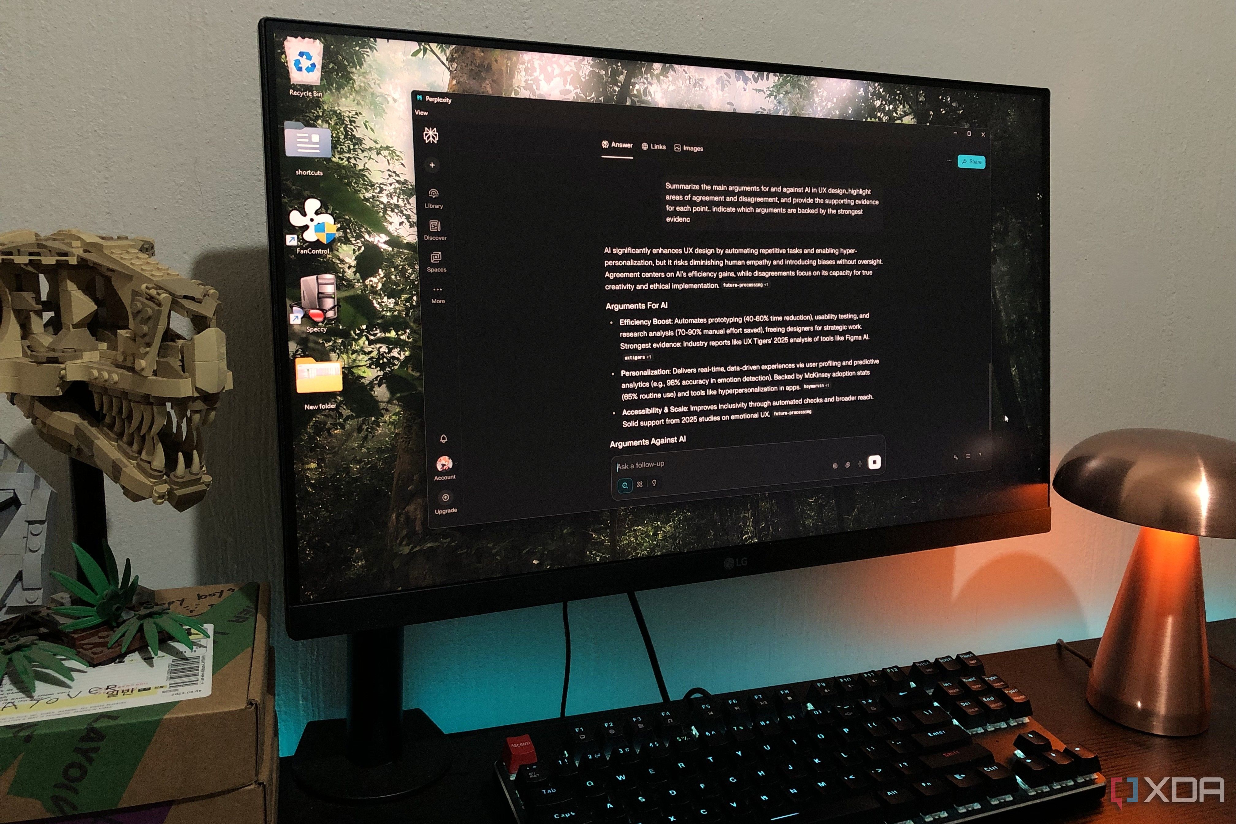 Prompting perplexity on desktop pc, lego and lamp in view