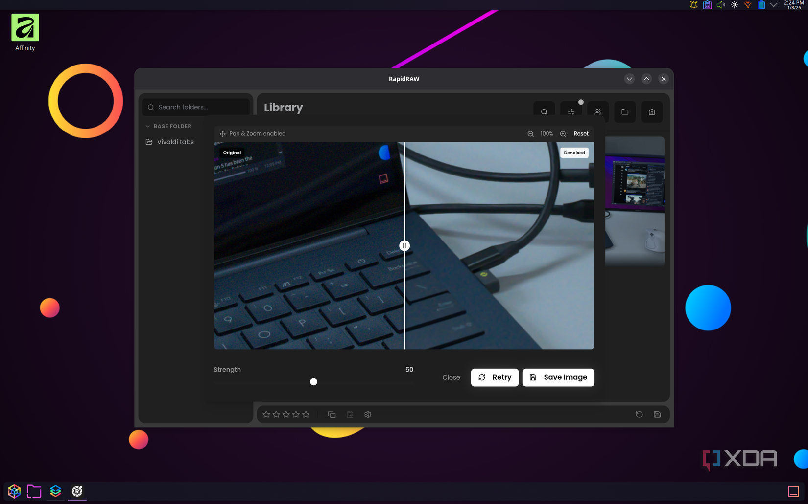 A screenshot of RapidRAW in KDE Plasma shows the denoise filter at 50% strength