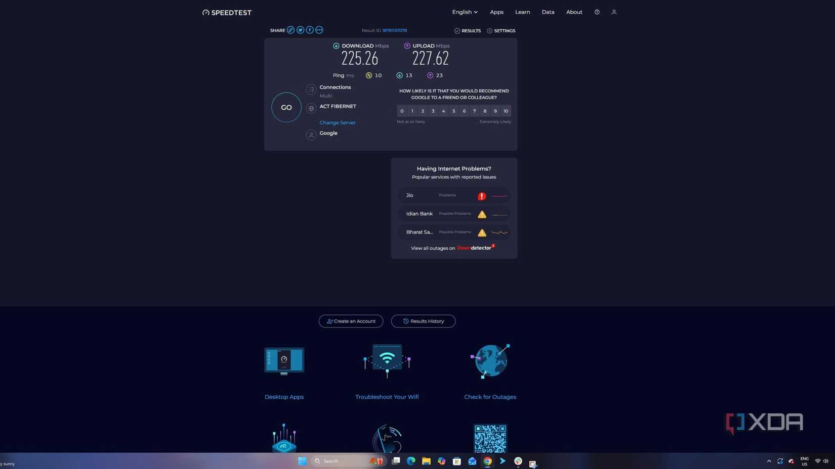 Imagen de Speedtest.net que muestra la velocidad de Internet.