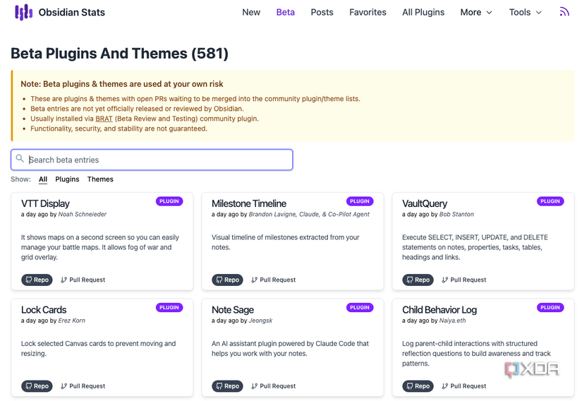 ObsidianStats proporciona una gran cantidad de complementos beta para probar.