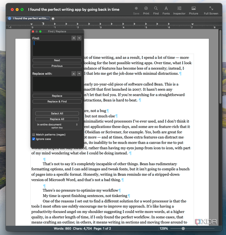 Bean offers a find and replace tool