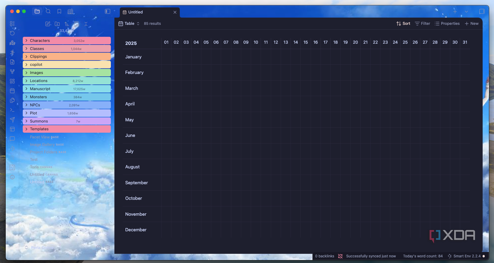 Vista de calendario lineal de Lovely Bases