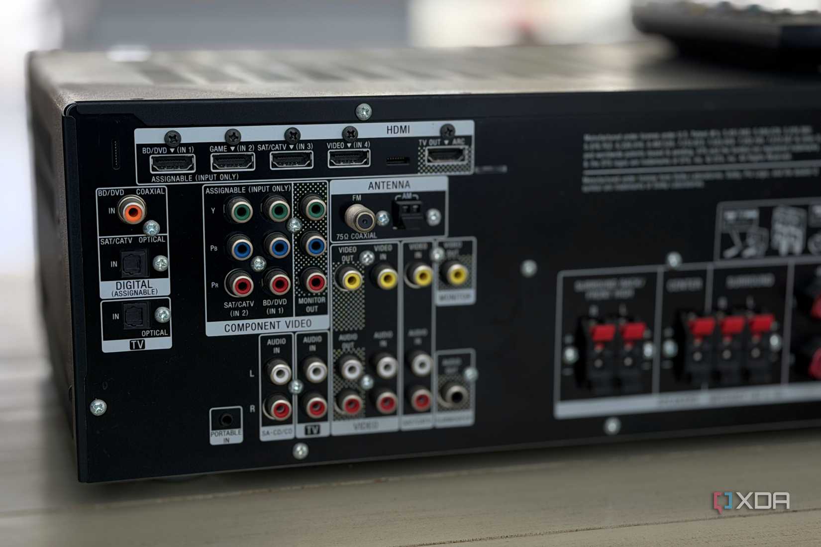 rear of sony home theater receiver showing the inputs panel