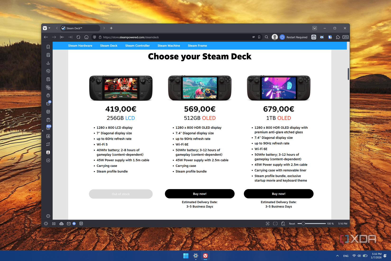 Screenshot of Valve's Steam Deck website showing European pricing for the available models, with the LCD model out of stock