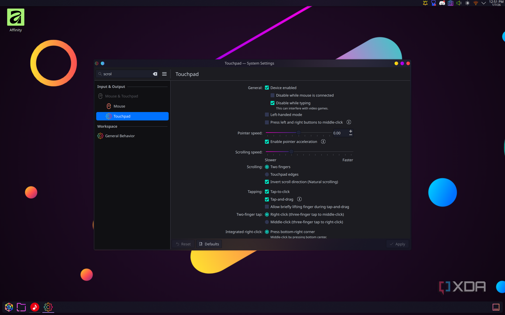 Screenshot of the System Settings app on KDE Plasma shjowing various touchpad settings
