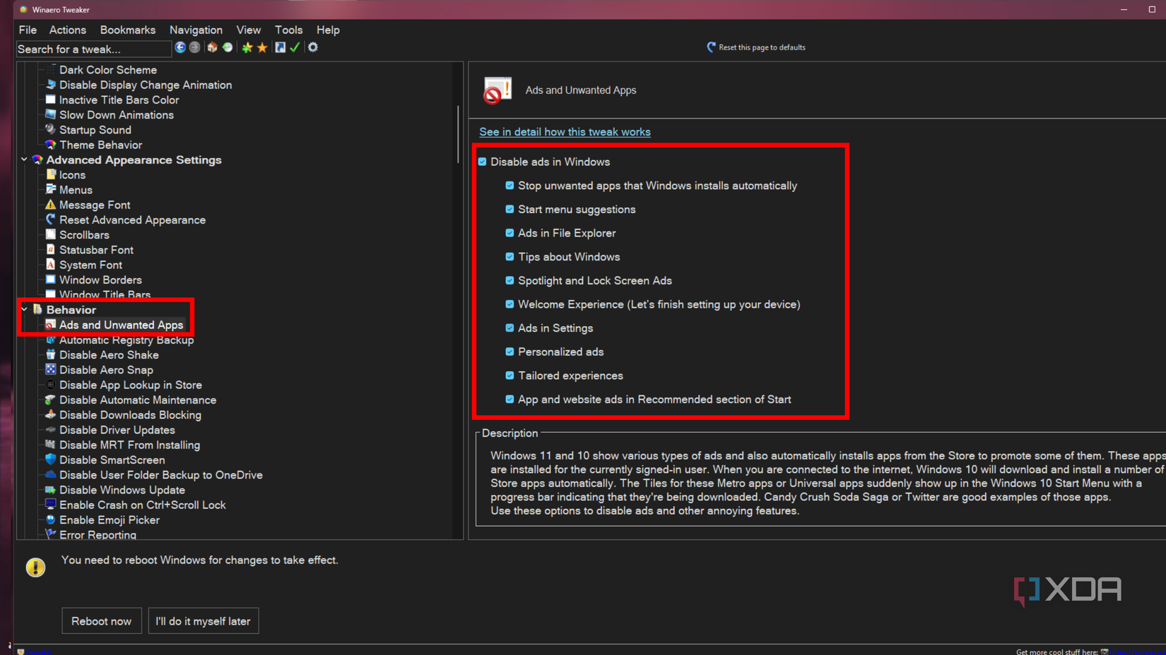 Deshabilitar todos los anuncios en Windows 11 a través de WinAero Tweaker.