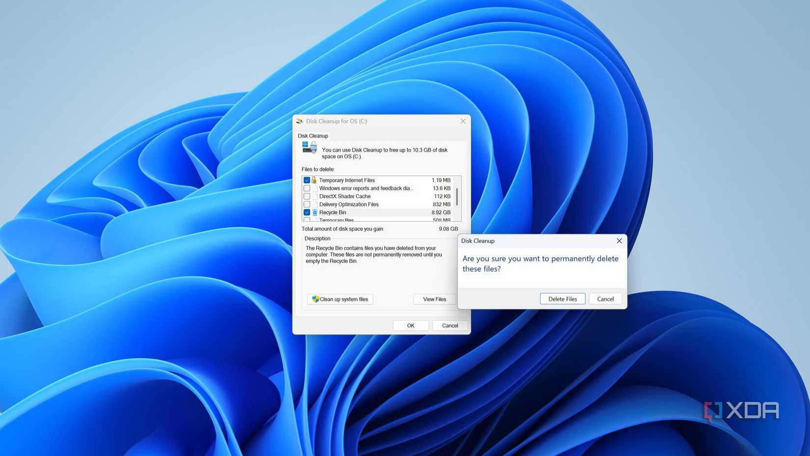 confirmación de eliminación de archivos en el Liberador de espacio en disco en Windows 11