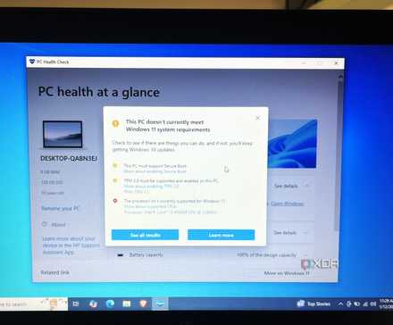 PC health check app showing unsupported CPU for Windows 11