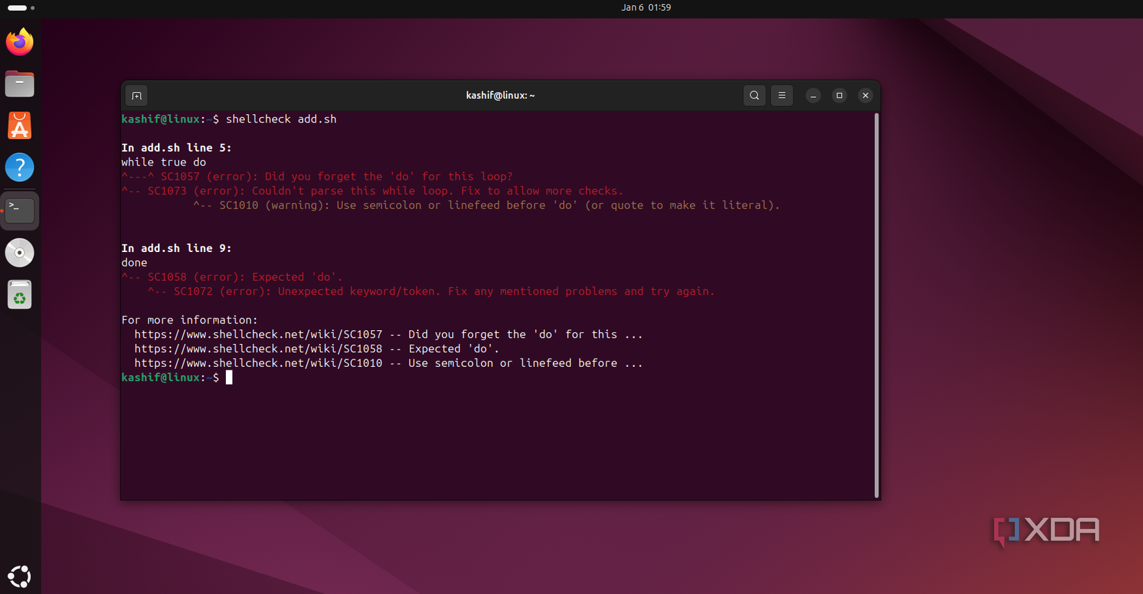 Captura de pantalla de la herramienta ShellCheck que encuentra un error en un script en la terminal de Ubuntu.