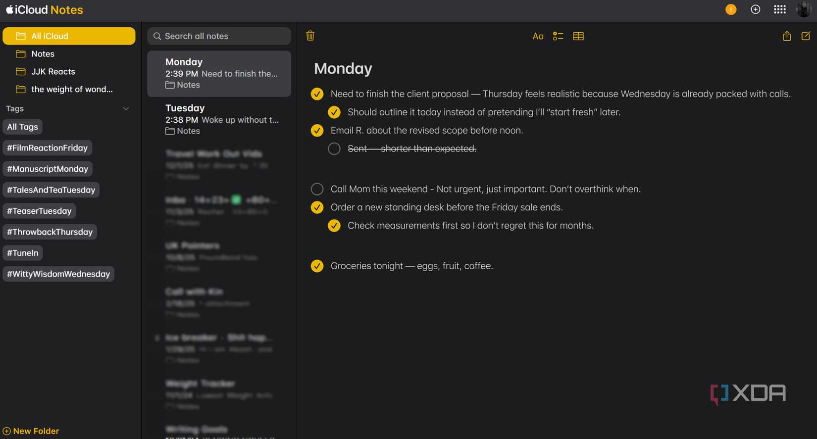 Captura de pantalla de Apple Notes en acción