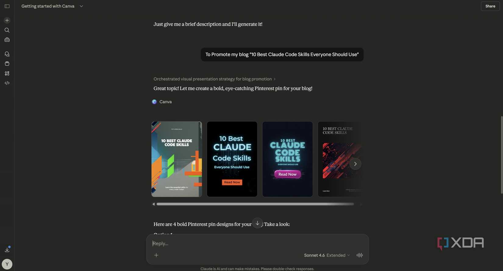 Canva with Claude creating image for social media posting