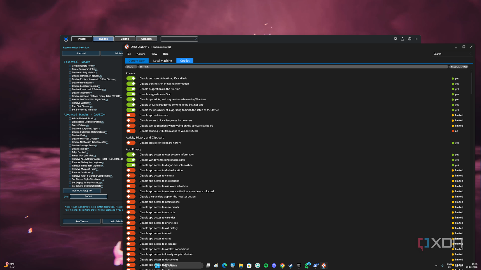 ShutUp10++ de O&O ejecutándose dentro de WinUtil de Chris Titus Tech.