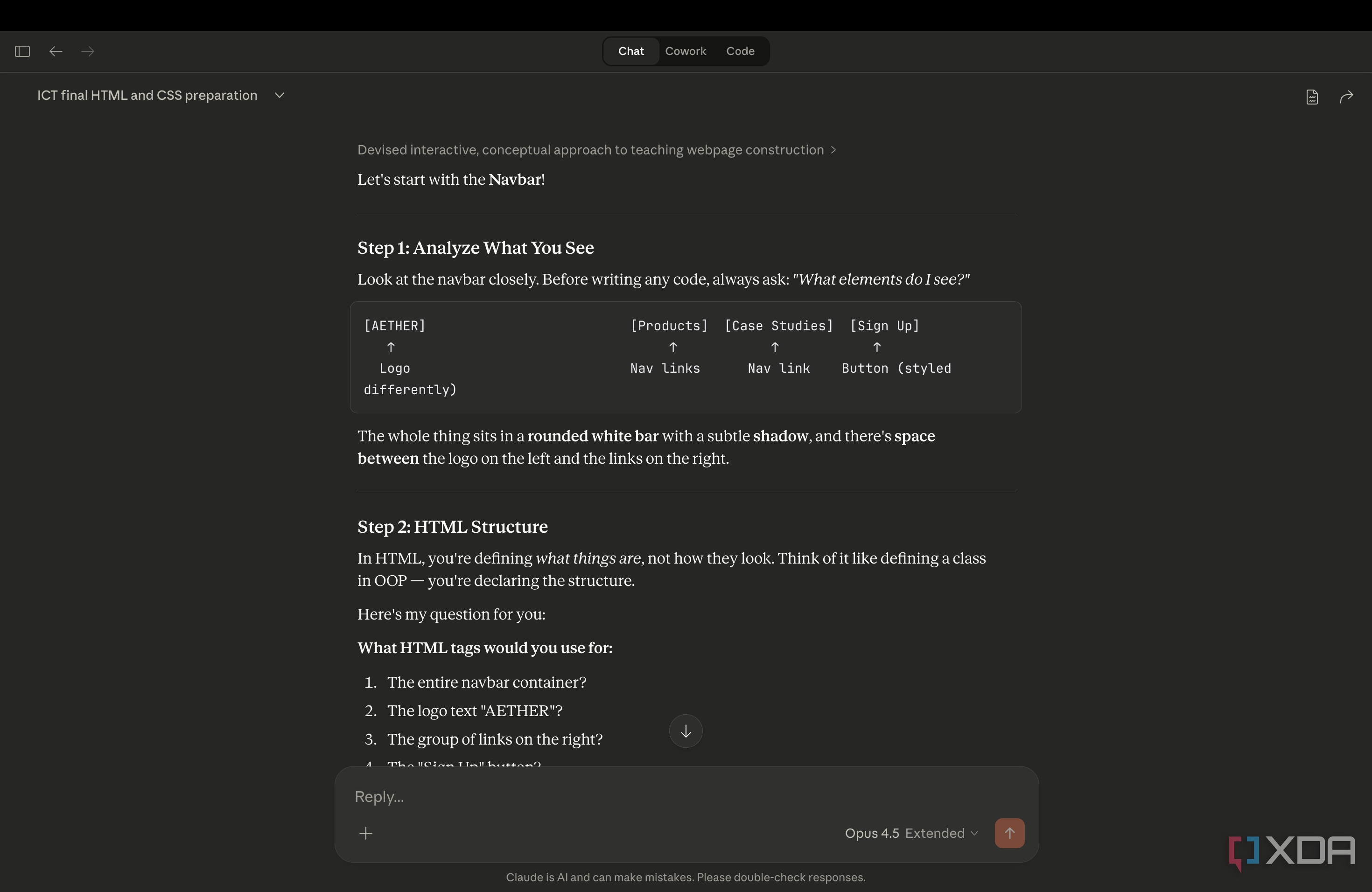 Claude explaining how to build nav bar