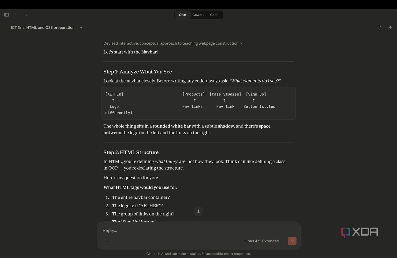 Claude explaining how to build nav bar