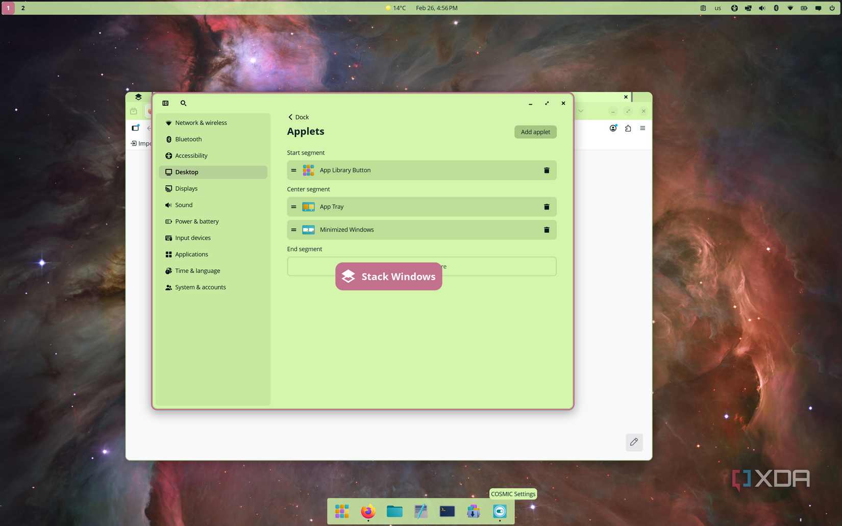 Screenshot of a COSMIC desktop showing the option to stack two windows when dragging one over the other