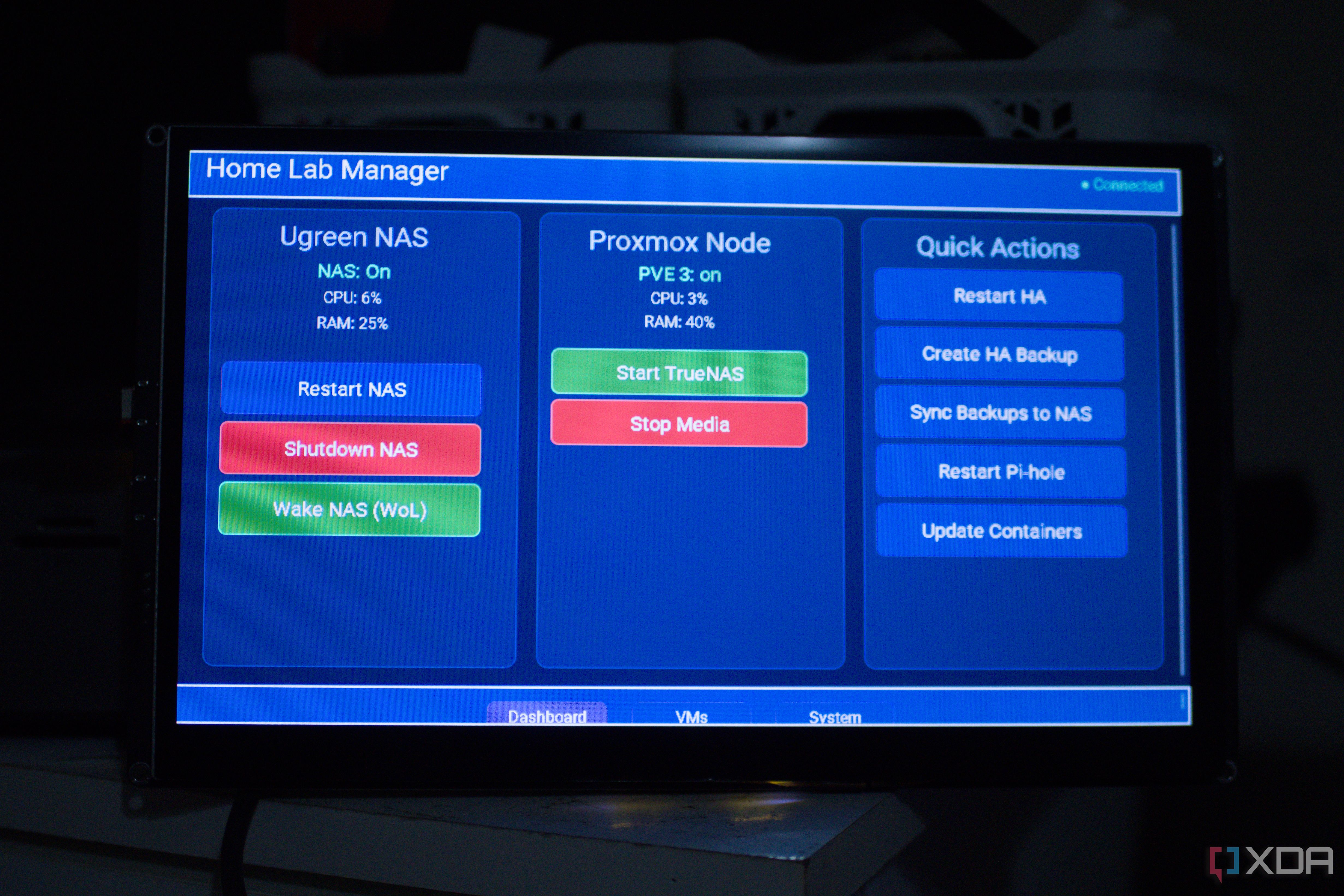 Elecrow CrowPanel 10.1-inch ESP32-P4 display, showing a home lab manager