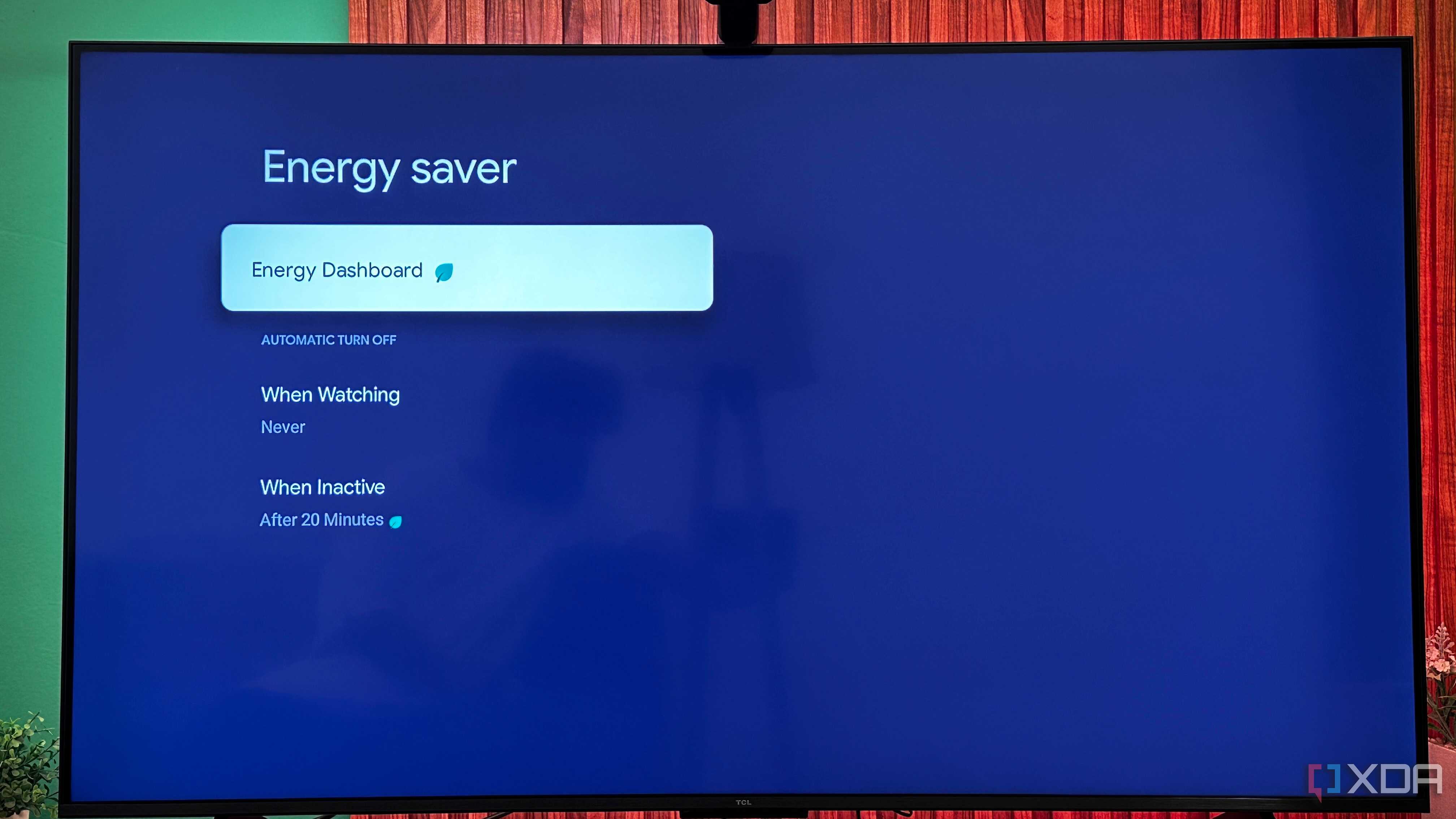 A TCL Smart TV's Power and Energy settings.